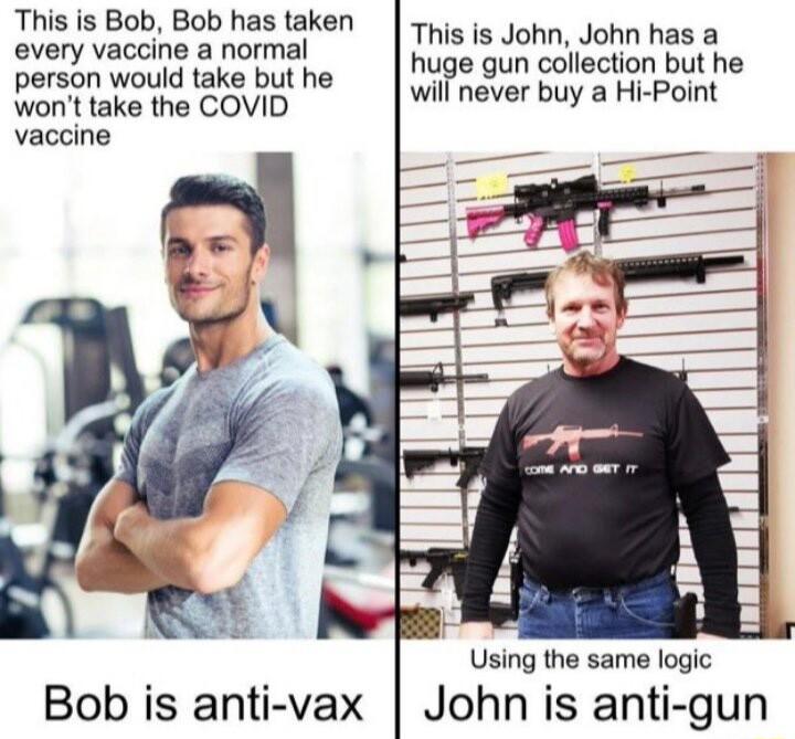 This is Bob Bob has taken every vaccine a normal person would take but he wont take the COVID vaccine This is John John has a huge gun collection but he will never buy a Hi Point Bob is anti vax John is anti gun