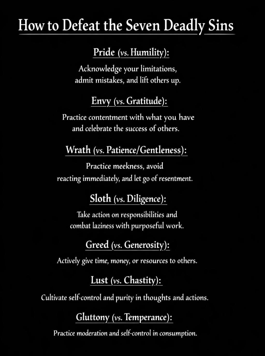 How to Defeat the Seven Deadly Sins. Pride (vs. Humility): Acknowledge your limitations, admit mistakes, and lift others up. Envy (vs. Gratitude): Practice contentment with what you have and celebrate the success of others. Wrath (vs. Patience/Gentleness): Practice meekness, avoid reacting immediately, and let go of resentment. Sloth (vs. Diligence