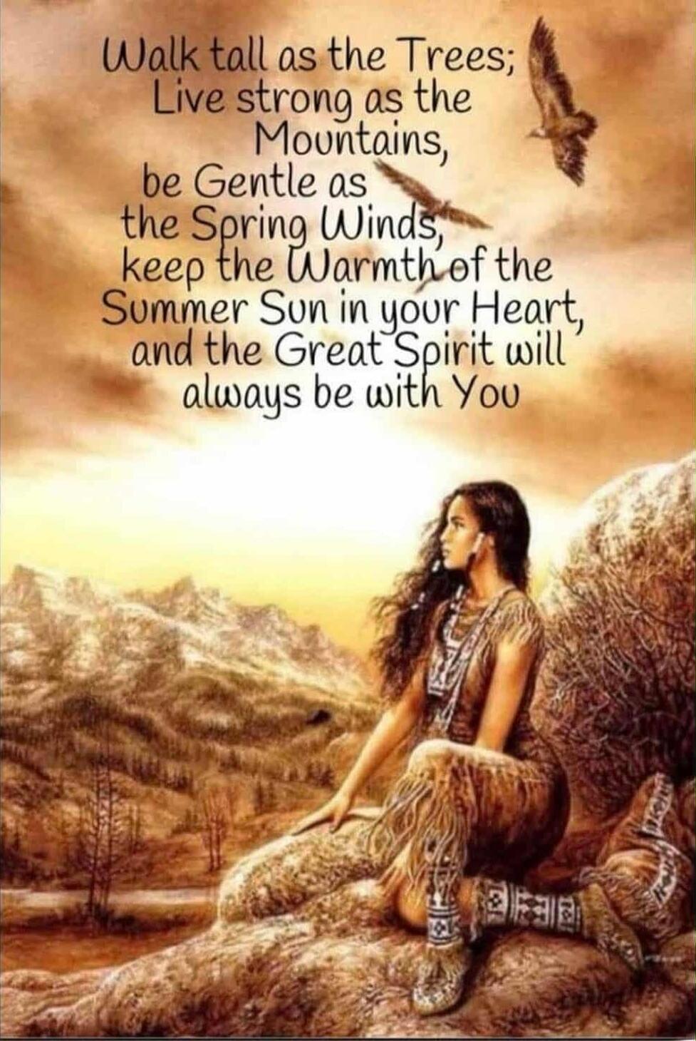 Walk tall as the Trees; Live strong as the Mountains, be Gentle as the Spring Winds, keep the Warmth of the Summer Sun in your Heart, and the Great Spirit will always be with You