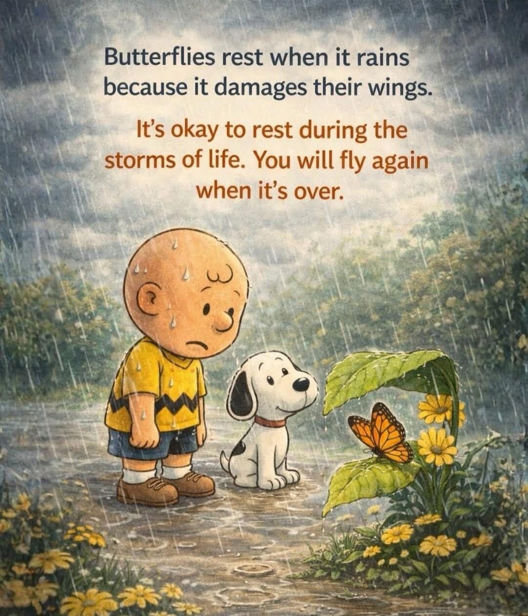 Butterflies rest when it rains because it damages their wings. It's okay to rest during the storms of life. You will fly again when it's over.