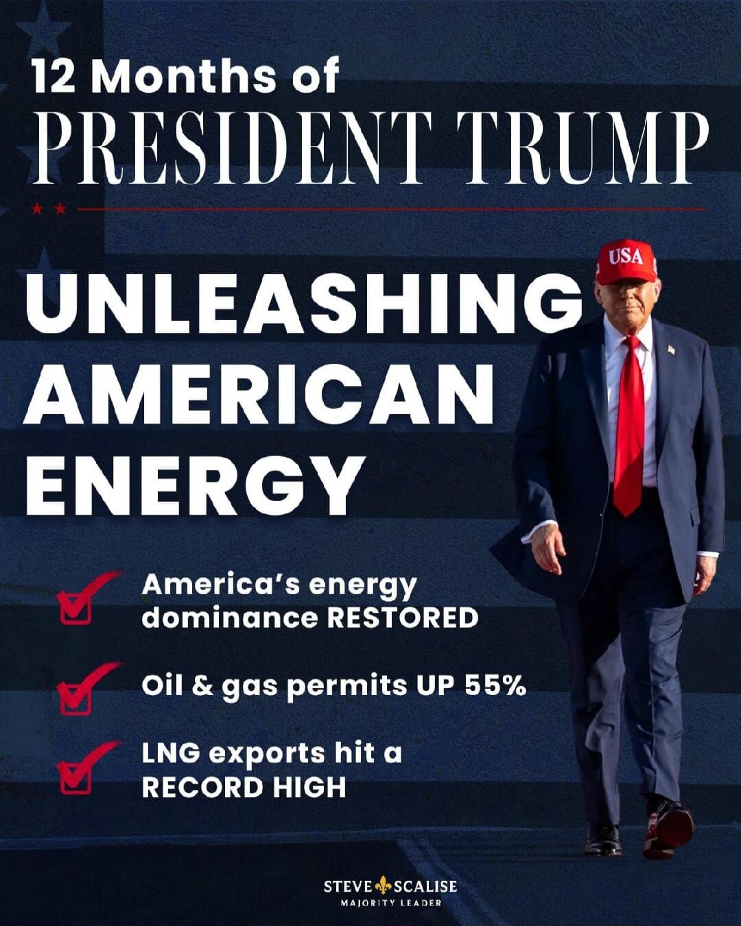 12 Months of PRESIDENT TRUMP
UNLEASHING AMERICAN ENERGY
America's energy dominance RESTORED
Oil & gas permits UP 55%
LNG exports hit a RECORD HIGH
