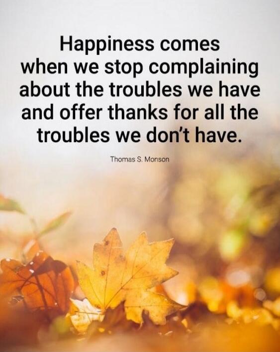 Happiness comes when we stop complaining about the troubles we have and offer thanks for all the troubles we don’t have. 
Thomas S. Monson