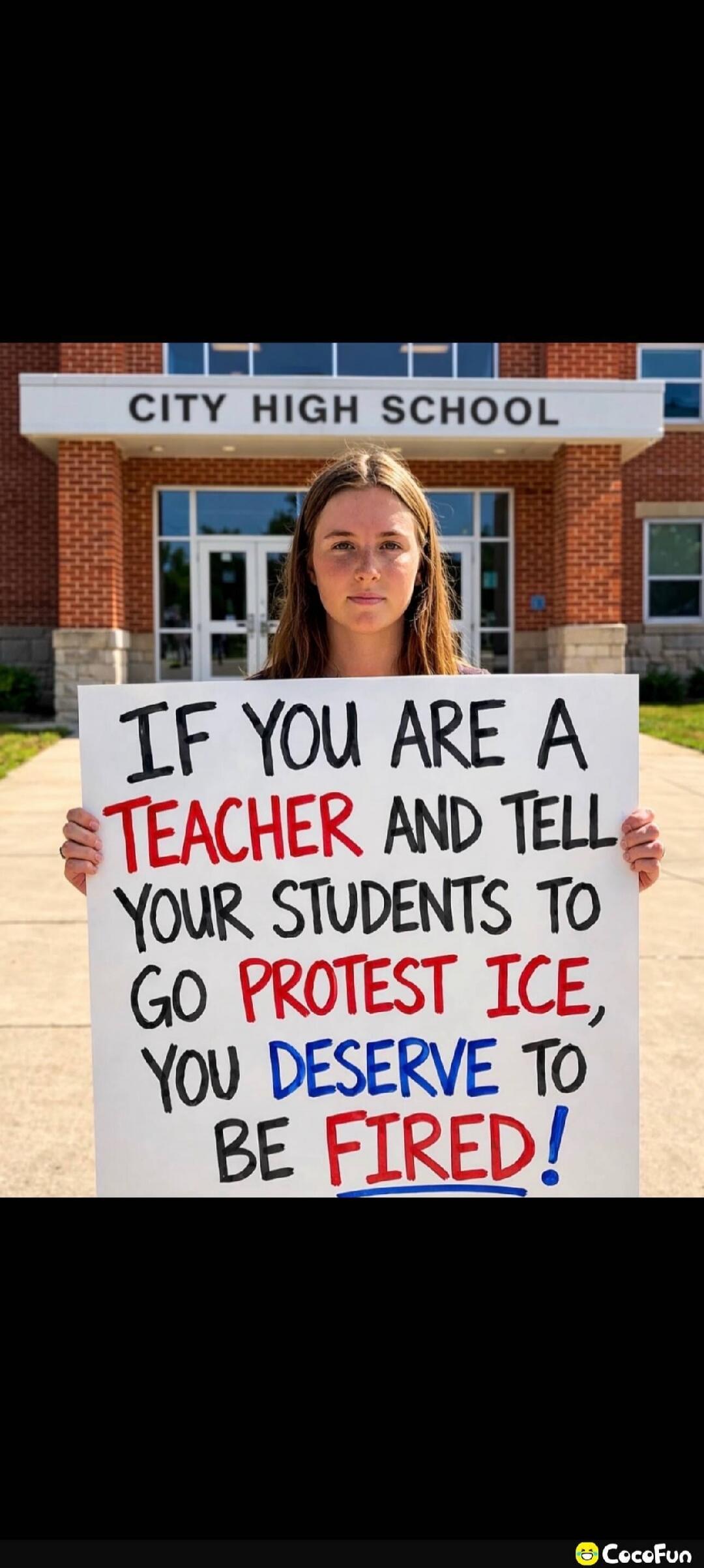 CITY HIGH SCHOOL. IF YOU ARE A TEACHER AND TELL YOUR STUDENTS TO GO PROTEST ICE, YOU DESERVE TO BE FIRED!