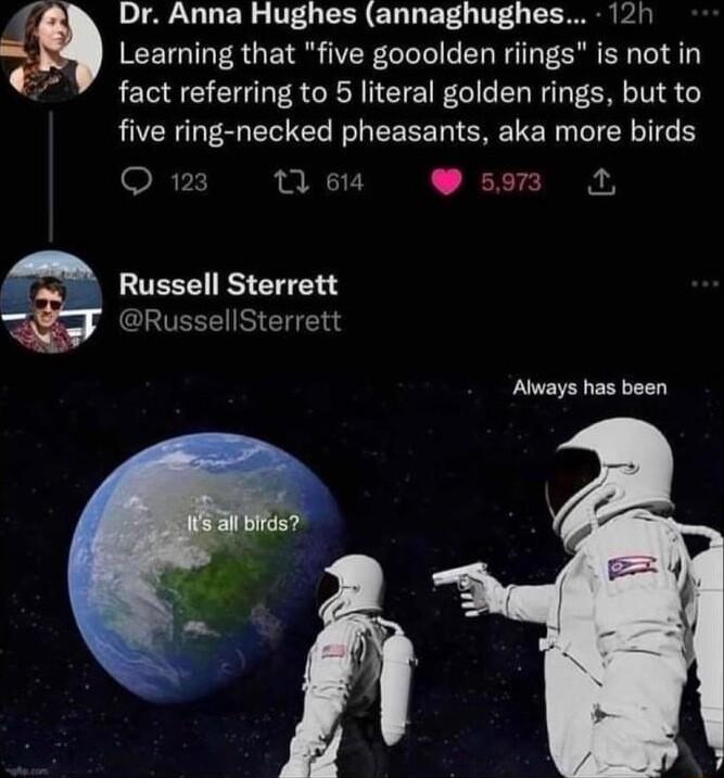 4 Dr Anna Hughes annaghughes 121 i Learning that five gooolden riings is not in fact referring to 5 literal golden rings but to five ring necked pheasants aka more birds RV 11 614 5913 1 Russell Sterrett RussellSterrett Aways has been