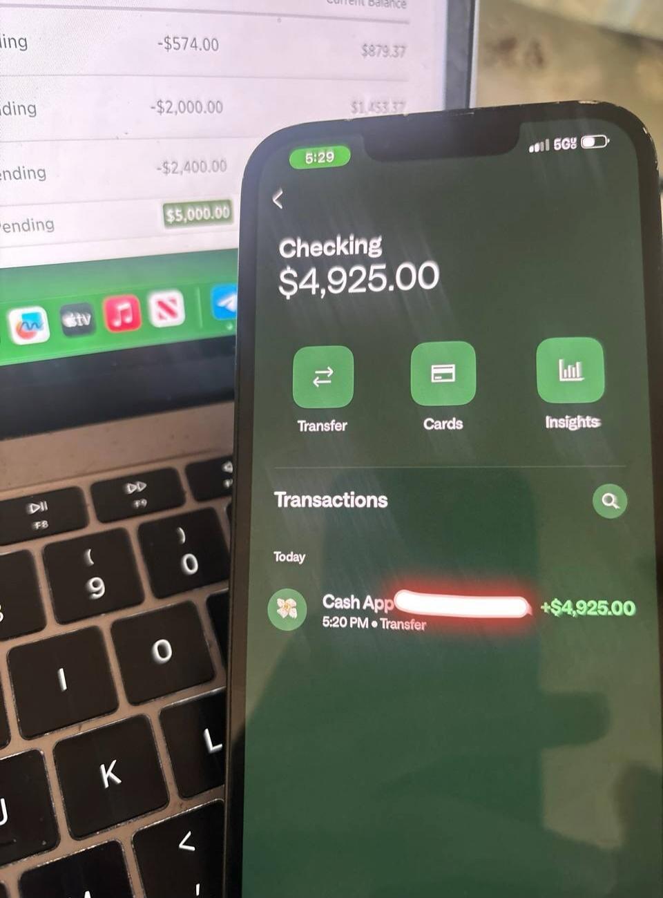Checking $4,925.00
Today
Cash App +$4,925.00 5:20 PM • Transfer
Session ID: 1106784.
