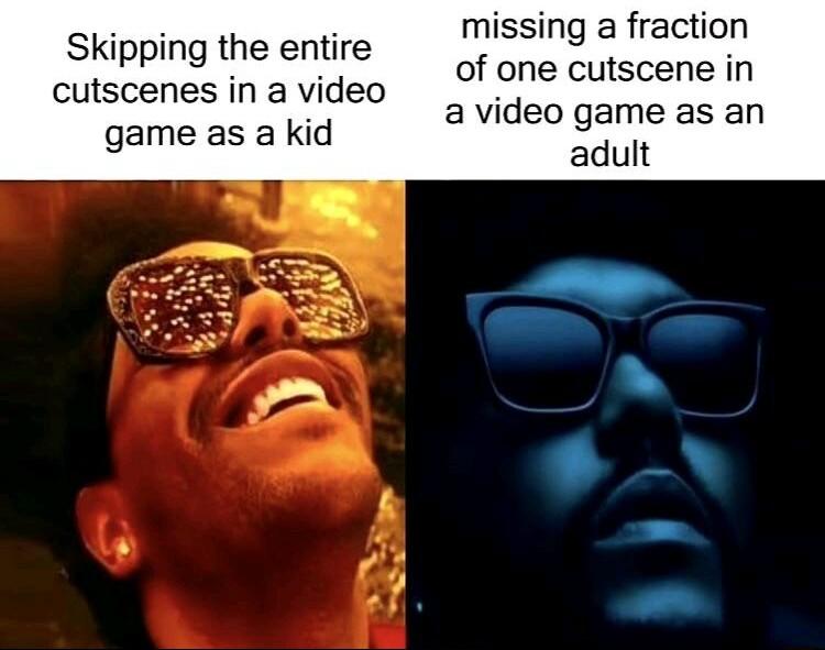 Skipping the entire cutscenes in a video game as a kid missing a fraction of one cutscene in avideo game as an adult