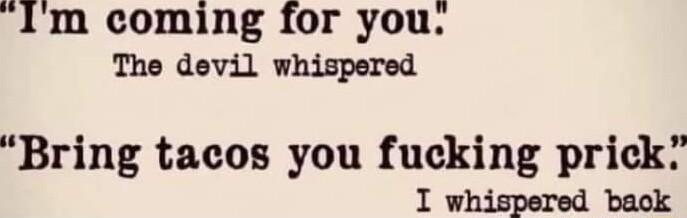1Im coming for you The devil whispered Bring tacos you fucking prick I whispered back