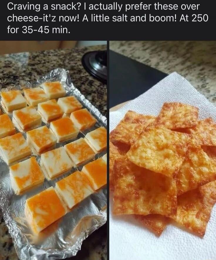 Craving a snack? I actually prefer these over cheese-it'z now! A little salt and boom! At 250 for 35-45 min.