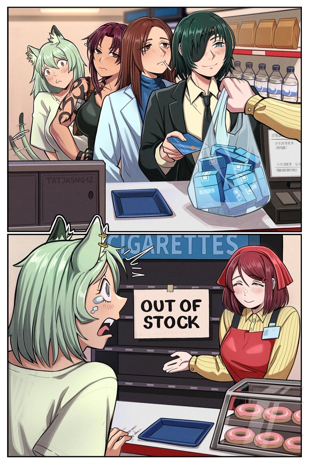 TATJASNG12. CIGARETTES. OUT OF STOCK. A person is buying a large quantity of cigarettes, leaving the shelves empty. The next customer, a cat-eared girl, is visibly upset and crying because the cigarettes are out of stock. The cashier smiles apologetically.