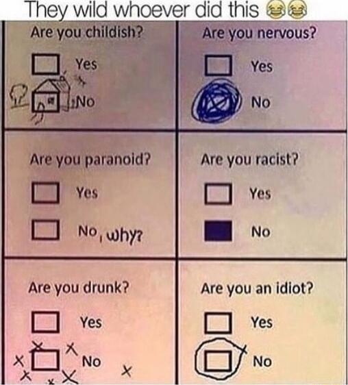They wild whoever did this 😂😂

Are you childish?
[ ] Yes    [ ] No

Are you nervous?
[ ] Yes    [ ] No

Are you paranoid?
[ ] Yes    [ ] No

Are you racist?
[ ] Yes    [ ] No

Are you drunk?
[ ] Yes    [ ] No

Are you an idiot?
[ ] Yes    [ ] No
