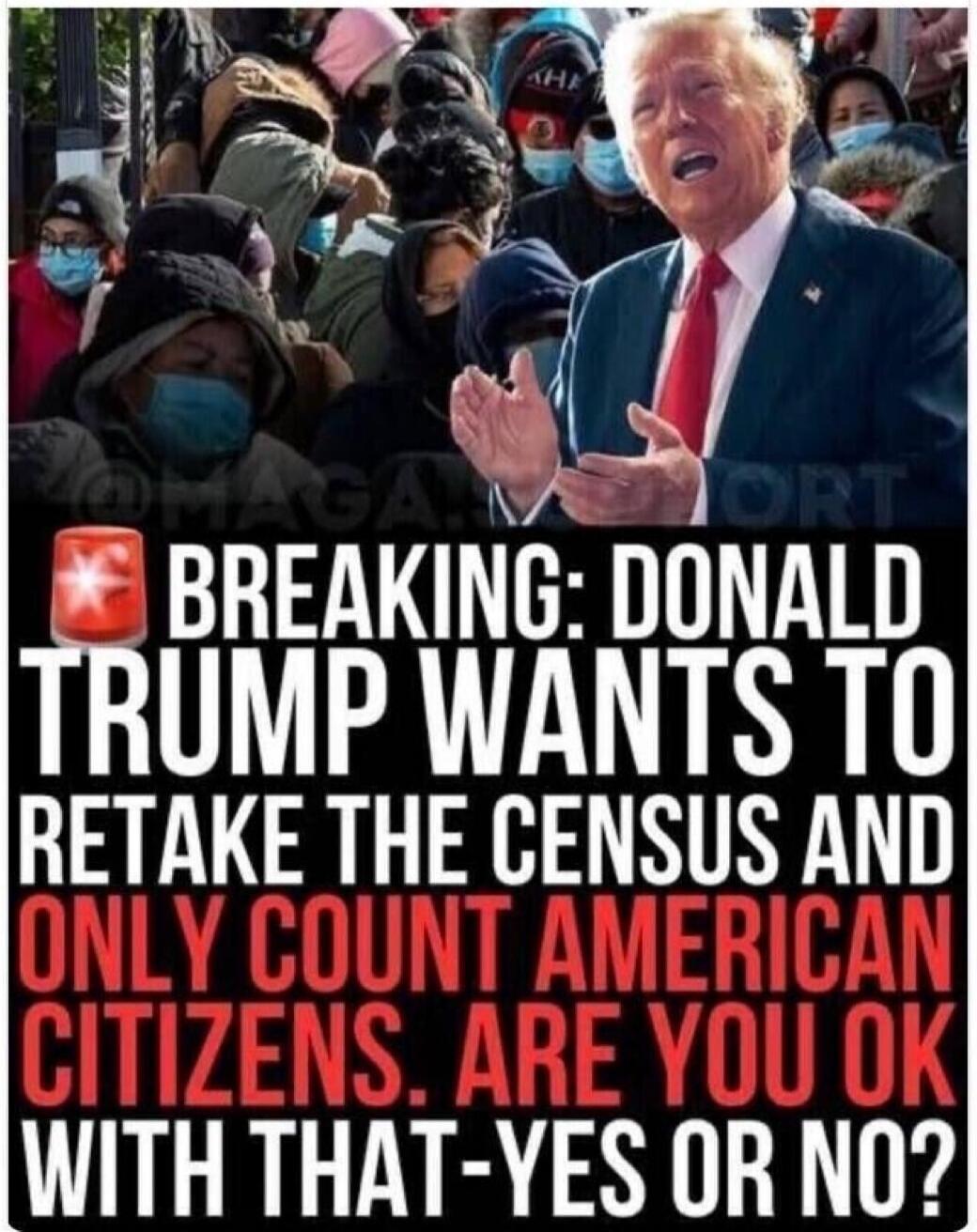 BREAKING: DONALD TRUMP WANTS TO RETAKE THE CENSUS AND ONLY COUNT AMERICAN CITIZENS. ARE YOU OK WITH THAT- YES OR NO?