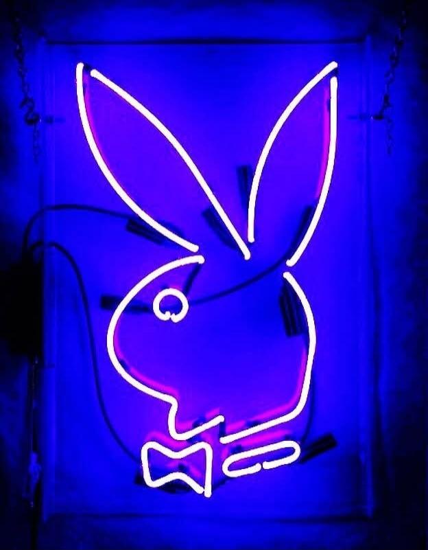 Blue neon outline of a Playboy bunny logo with a bow tie.
