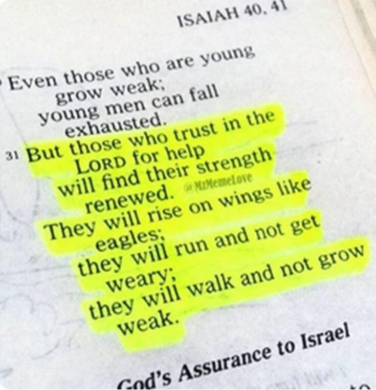Even those who are young grow weak; young men can fall exhausted. But those who trust in the LORD for help will find their strength renewed. They will rise on wings like eagles; they will run and not grow weary; they will walk and not grow weak.