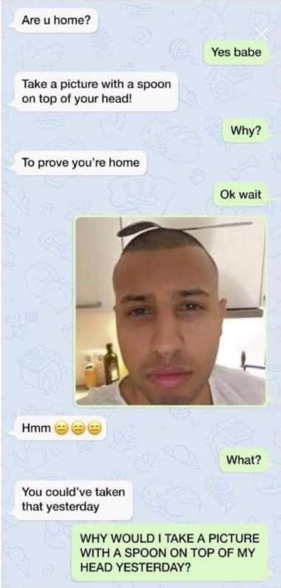 Are u home Yes babe Take a picture with a spoon on top of your head Why To prove youre home Hmm What You couldve taken that yesterday WHY WOULD TAKE A PICTURE WITH A SPOON ON TOP OF MY HEAD YESTERDAY
