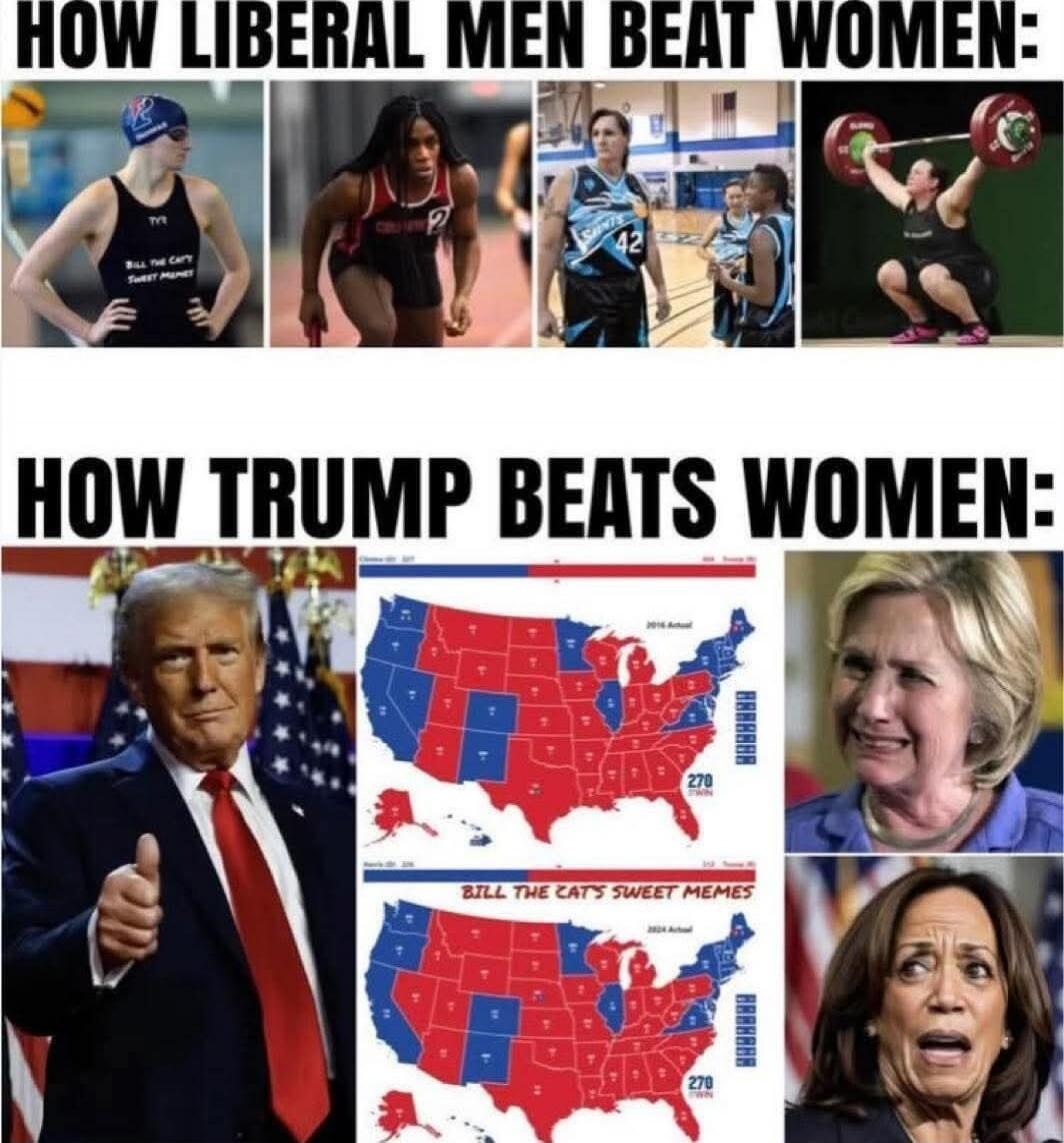 HOW LIBERAL MEN BEAT WOMEN:
(Images of various female athletes in action)
HOW TRUMP BEATS WOMEN:
(Images including Donald Trump and maps)
