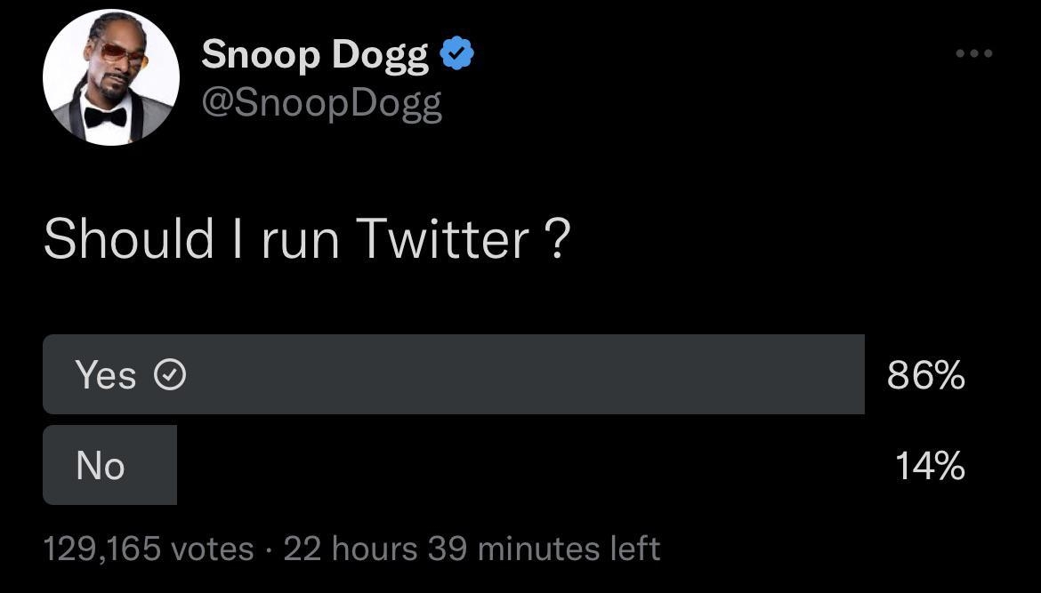 Snoop Dogg SnoopDogg Should run Twitter ACYo 5 vot hours 39 minutes left 556 PM 121822 86 14