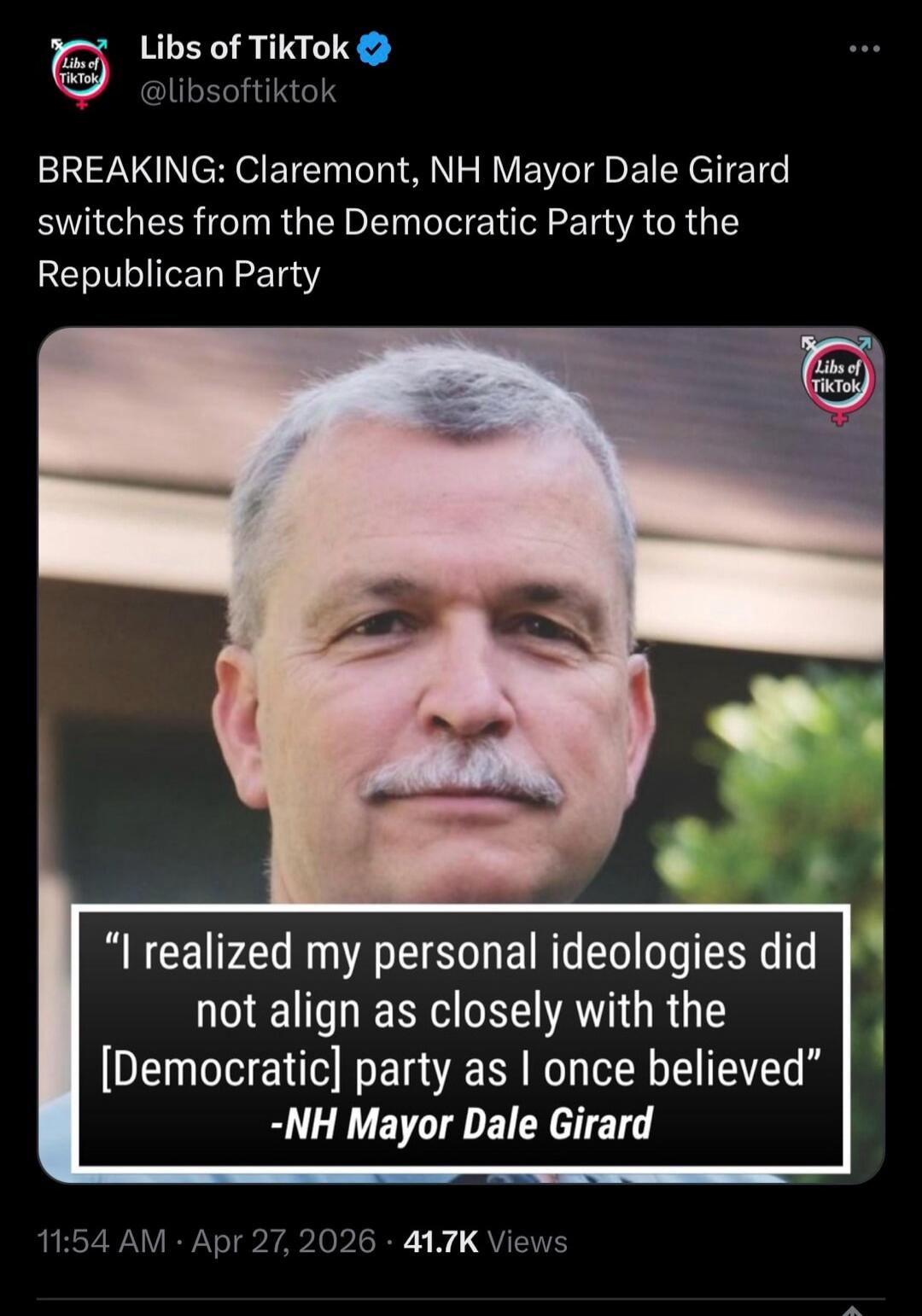 BREAKING: Claremont, NH Mayor Dale Girard switches from the Democratic Party to the Republican Party. 