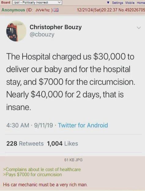 B ol Polioty resrreet _Setings Mobie Home Anonymous ID swne 5 12121124Sa1202237 No 492026705 W Christopher Bouzy cbouzy The Hospital charged us 30000 to deliver our baby and for the hospital stay and 7000 for the circumcision Nearly 40000 for 2 days that is insane 430 AM 91119 Twitter for Android 228 Retweets 1004 Likes 61KBJPG Complains about e cost of healthcare Pays 7000 for circumcision His ca
