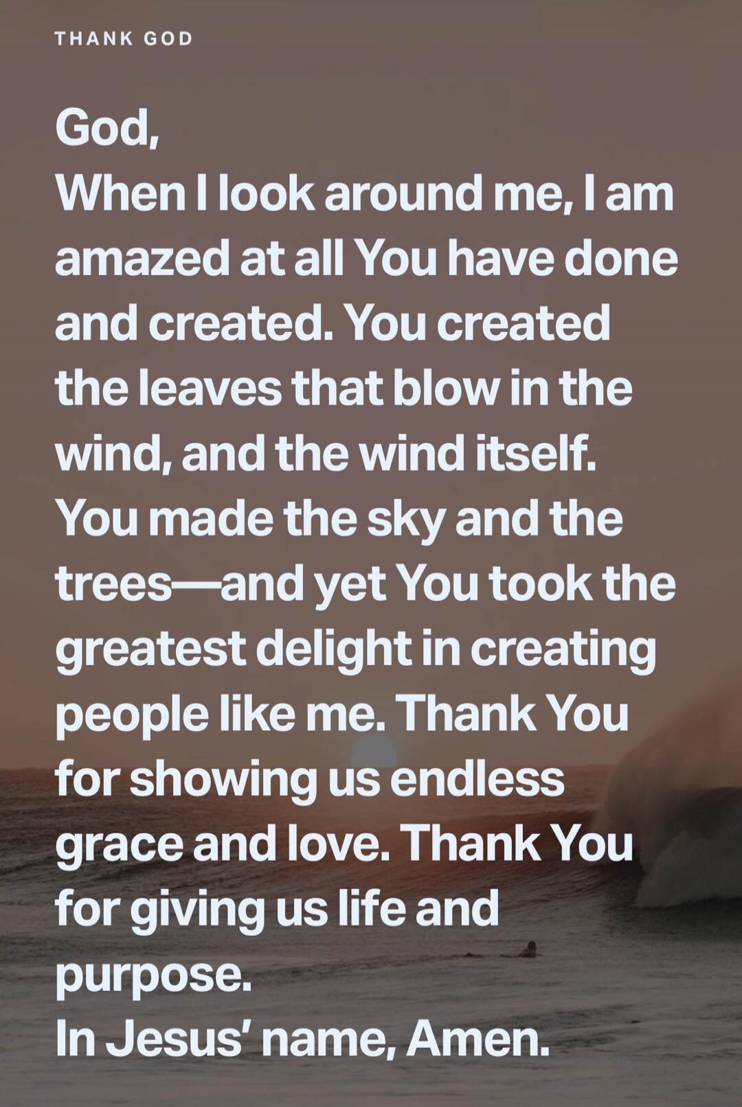 THANK GOD God, When I look around me, I am amazed at all You have done and created. You created the leaves that blow in the wind, and the wind itself. You made the sky and the trees—and yet You took the greatest delight in creating people like me. Thank You for showing us endless grace and love. Thank You for giving us life and purpose. In Jesus' n