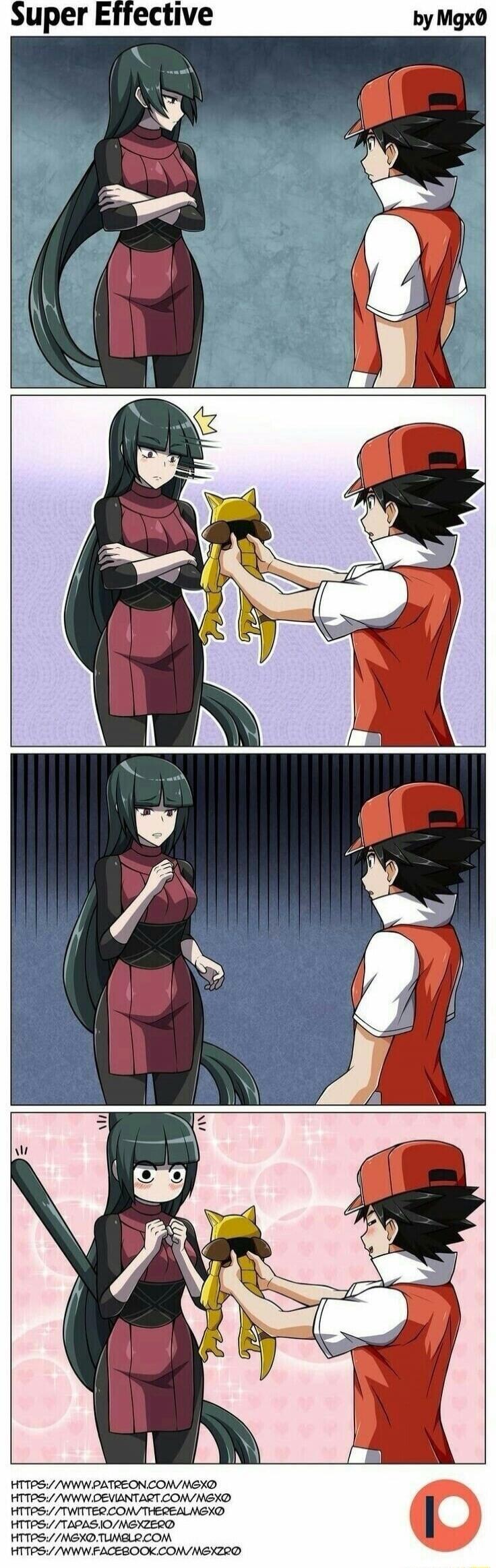Super Effective by Mgx0. A comic strip showing a male character (Red) offering an Abra plush toy to a stern-looking female character (Lorelei). Initially, she appears unimpressed or upset, but then her demeanor completely changes to one of extreme delight, with cat ears and a tail appearing, as she happily accepts the gift.