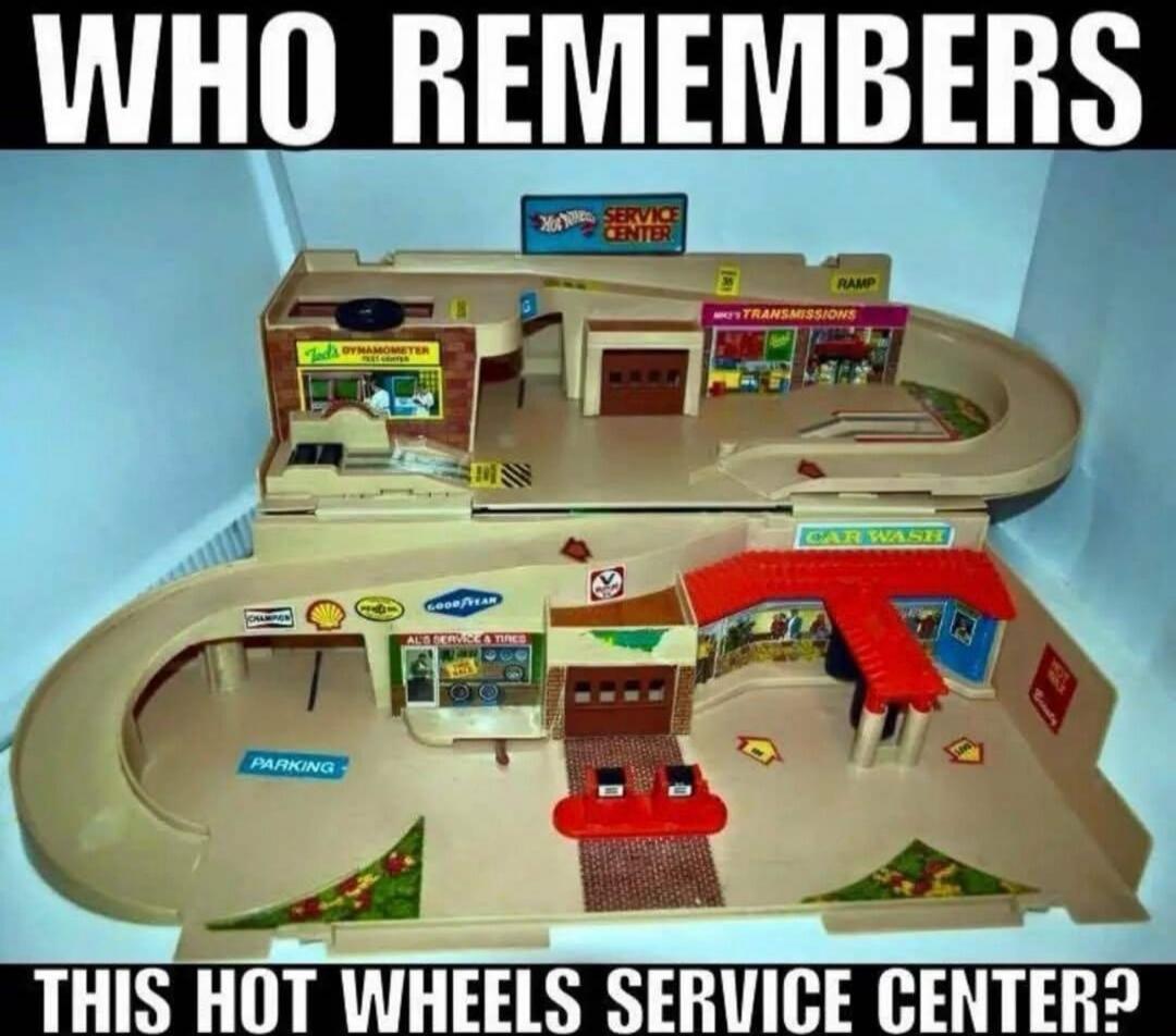 WHO REMEMBERS THIS HOT WHEELS SERVICE CENTER? Hot Wheels Service Center, Ramp, Transmissions, Car Wash, Parking, Dynamometer, Goodyear, Shell, Champion, Als Service & Tires.