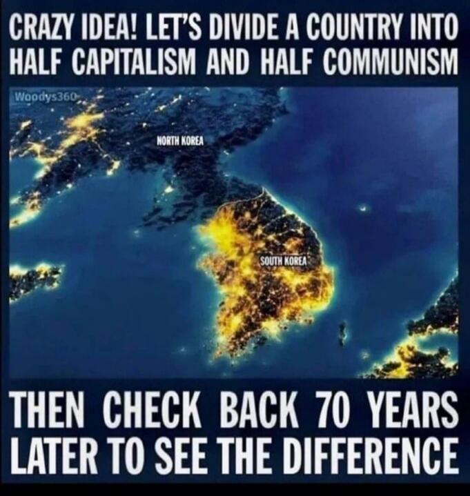 CRAZY IDEA! LET'S DIVIDE A COUNTRY INTO HALF CAPITALISM AND HALF COMMUNISM. Woody's360. NORTH KOREA. SOUTH KOREA. THEN CHECK BACK 70 YEARS LATER TO SEE THE DIFFERENCE.