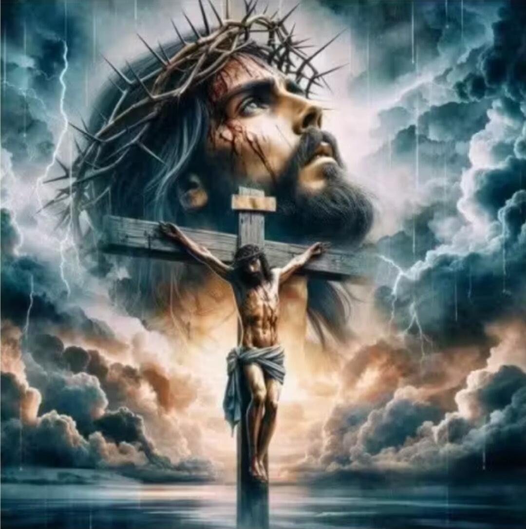 Dramatic religious artwork depicting Jesus Christ on the cross with a crown of thorns, set against a stormy, cloudy sky with a large image of Jesus' face in the background.