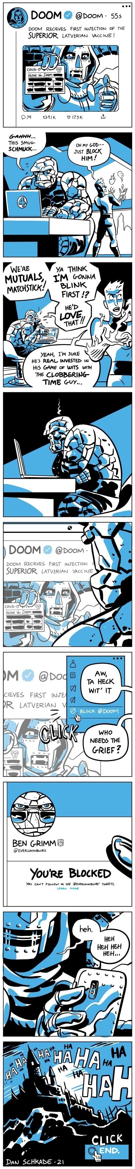 DOOM voom 555 DODM RECIEVES FIRST INJECTION OF THE SUPERIOR LATVERIAN VACCINE o7 BAK V73K VWERE YYA THINK TM GONMA BLINK FIRST 2 YEAH TM SURE HES REAL INVESTED 1 HI5S GAME oF WITS W THe CLOBBERING DOOM boom DODM RECIEVES N BEN GRIMME EvERLoviNLUES YouRg BLOCKED FoLLOW ta EF REVERLOAIBLURS TWEETS