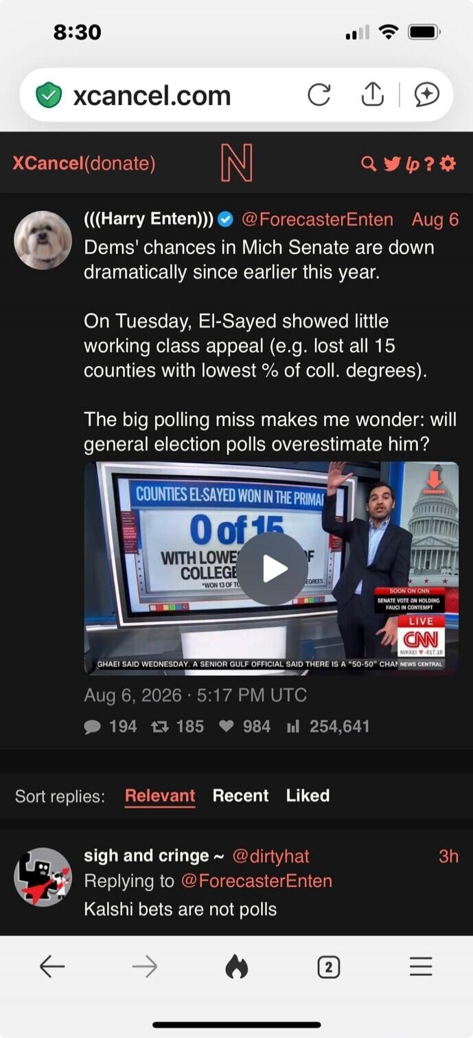 Dems' chances in Mich Senate are down dramatically since earlier this year. On Tuesday, El-Sayed showed little working class appeal (e.g. lost all 15 counties with lowest % of coll. degrees). The big polling miss makes me wonder: will general election polls overestimate him? The video shows a screen with 'COUNTIES EL-SAYED WON IN THE PRIMARY: 0 of 