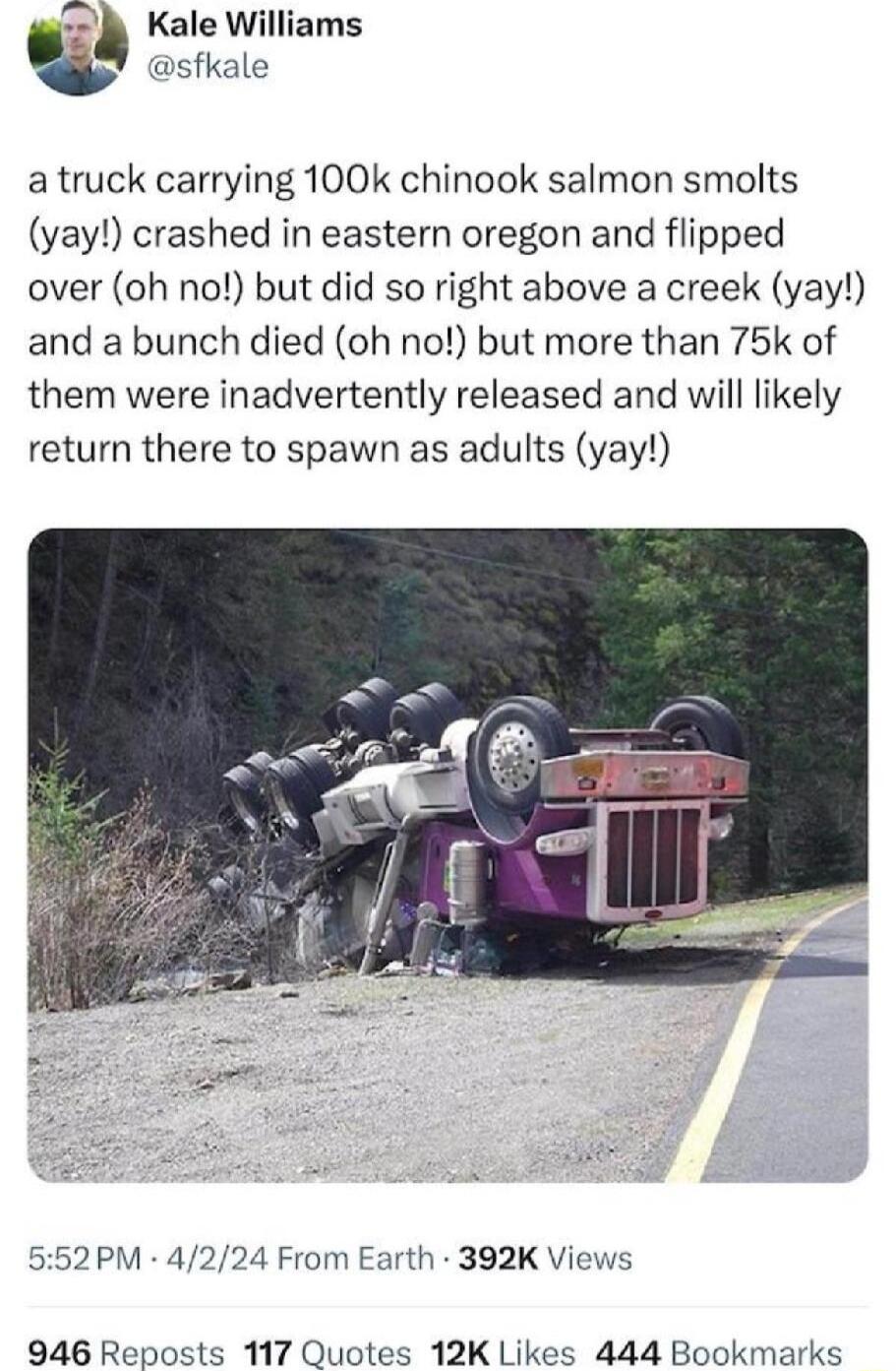 Kale Williams sfkale atruck carrying 100k chinook salmon smolts yay crashed in eastern oregon and flipped over oh no but did so right above a creek yay and a bunch died oh no but more than 75k of them were inadvertently released and will likely return there to spawn as adults yay 552PM 4224 From Earth 392K Views 946 Reposts 117 Quotes 12K Likes 444 Bookmarks