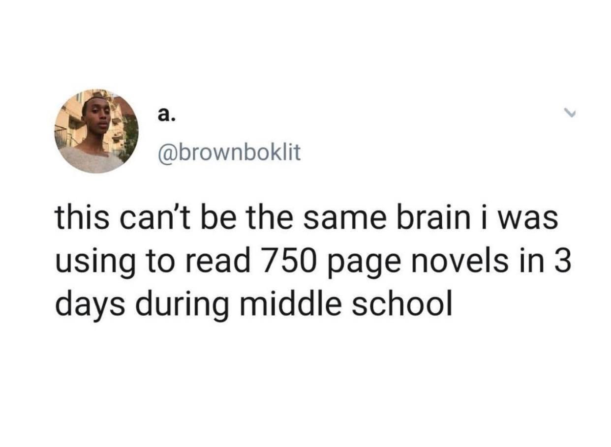 brownboklit this cant be the same brain i was using to read 750 page novels in 3 days during middle school