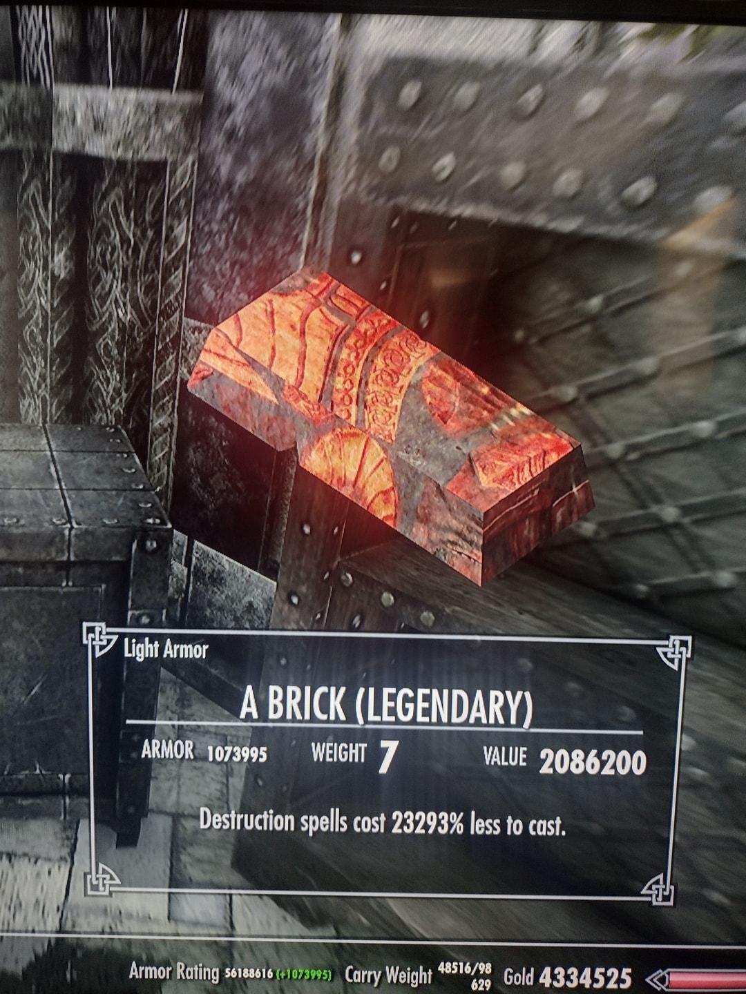 _ ABRICK LEGENDARY Wu VEGHT 7 VAUE 2086200 sy 1 Destruction spels cost 23293 lessfo cast b Armor Rating sissets 11505 Carry Weight Gold 4334525