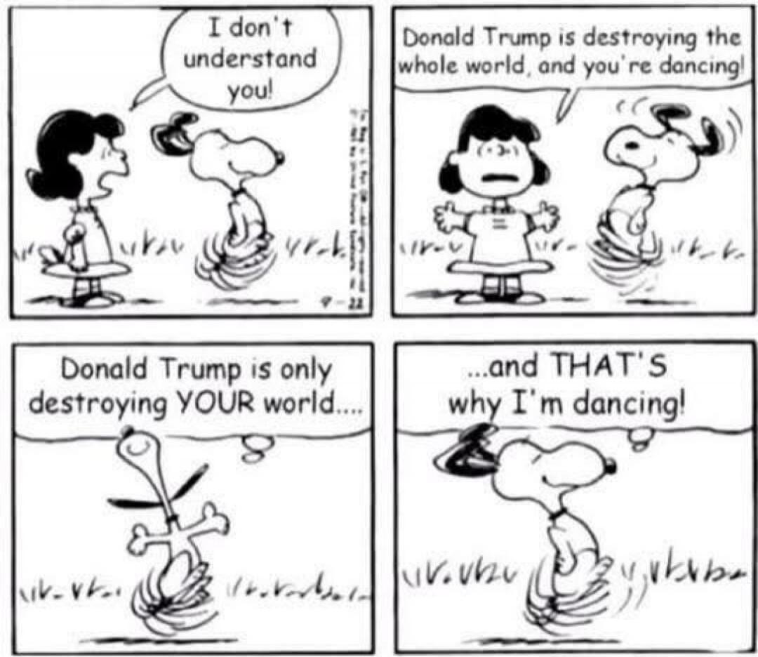 I don't understand you!
Donald Trump is destroying the whole world, and you're dancing!
Donald Trump is only destroying YOUR world....
...and THAT'S why I'm dancing!