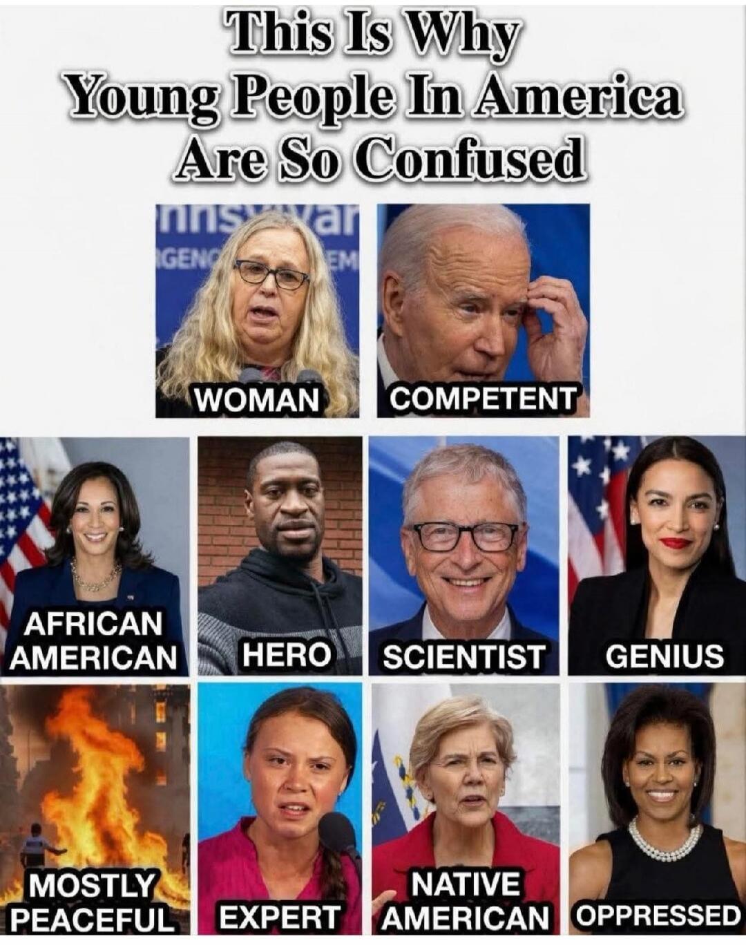 This Is Why Young People In America Are So Confused. Woman. Competent. African American. Hero. Scientist. Genius. Mostly Peaceful. Expert. Native American. Oppressed.