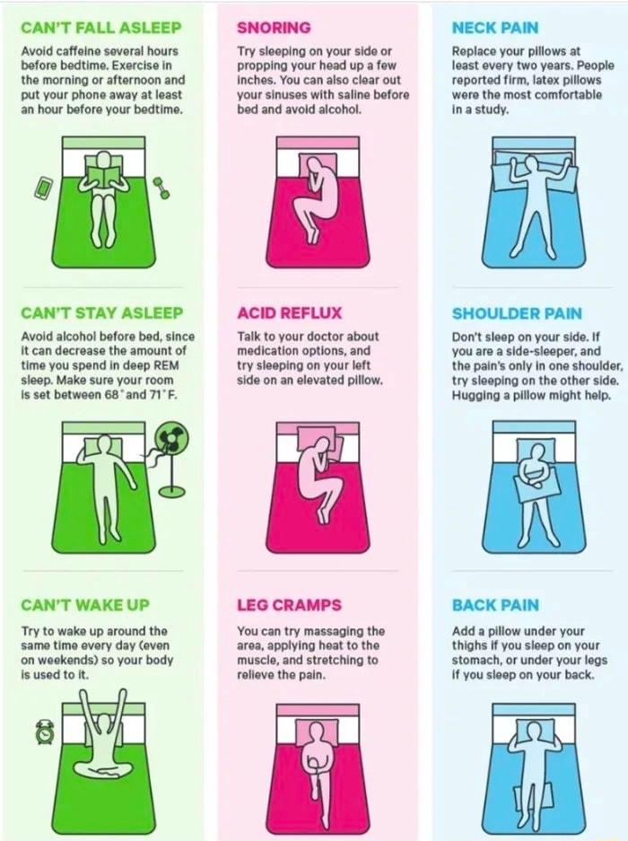 CANT FALL ASLEEP Avoid caffelne several hours before bedtime Exercise in the morning or afternoon and put your phona away at least an hour bafore your bedtime CANT STAY ASLEEP Avold alcohol before bed since It can decrease the amount of time you spend in deep REM sleep Make sure your room s set between 68and 71F CANT WAKE UP Try to wake up around the same timo every day even on weekends 50 your bo