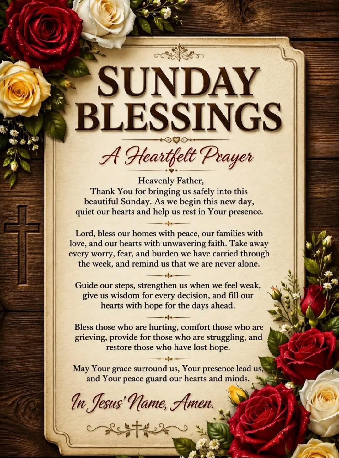 SUNDAY BLESSINGS A Heartfelt Prayer Heavenly Father, Thank You for bringing us safely into this beautiful Sunday. As we begin this new day, quiet our hearts and help us rest in Your presence. Lord, bless our homes with peace, our families with love, and our hearts with unwavering faith. Take away every worry, fear, and burden we have carried throug