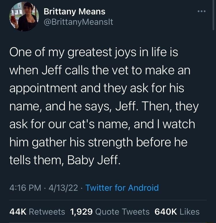 Brittany Means N BrittanyMeanslt One of my greatest joysin life is when Jeff calls the vet to make an FETololeliglinglsIn alo RUATSIVAETS G eldalS name and he says Jeff Then they ask for our cats name and watch him gather his strength before he tells them Baby Jeff 416 PM 41322 Twitter for Android 7 QRIS Rl e e NO Vol RIS T2 o QT