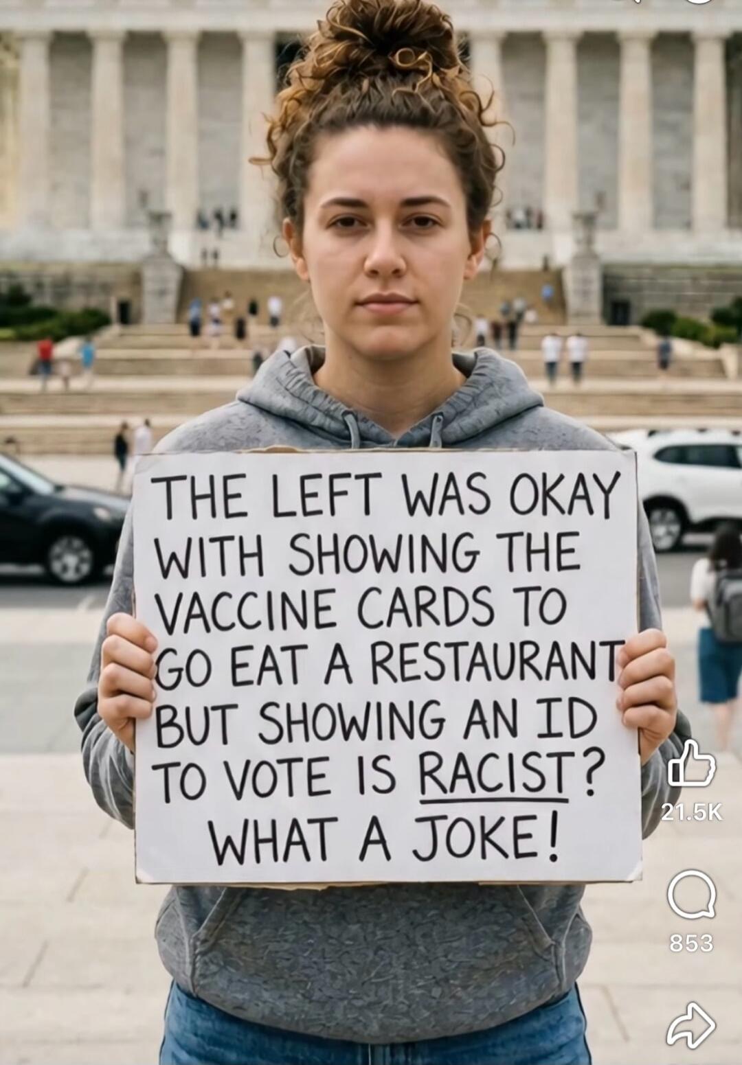 THE LEFT WAS OKAY WITH SHOWING THE VACCINE CARDS TO GO EAT A RESTAURANT BUT SHOWING AN ID TO VOTE IS RACIST? WHAT A JOKE!