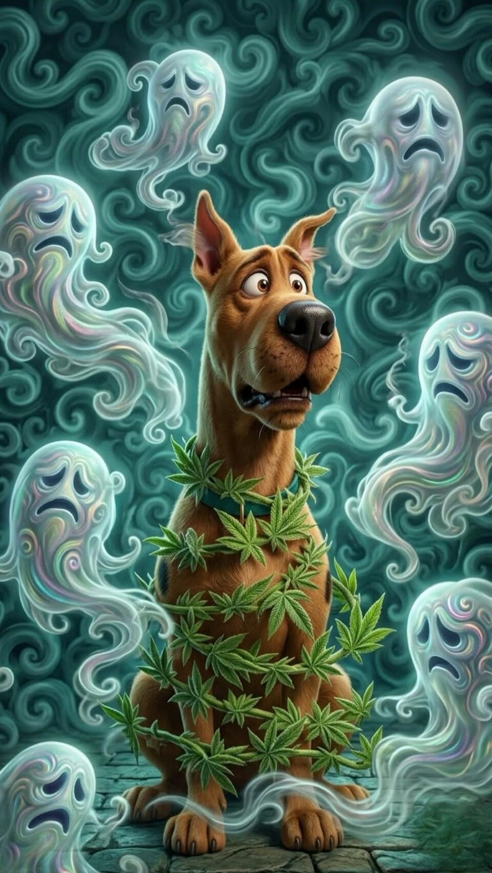Scooby-Doo surrounded by sad ghosts, wearing a collar made of cannabis leaves.