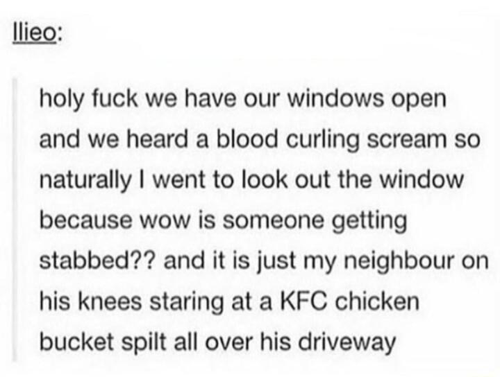 llieo holy fuck we have our windows open and we heard a blood curling scream so naturally went to look out the window because wow is someone getting stabbed and it is just my neighbour on his knees staring at a KFC chicken bucket spilt all over his driveway