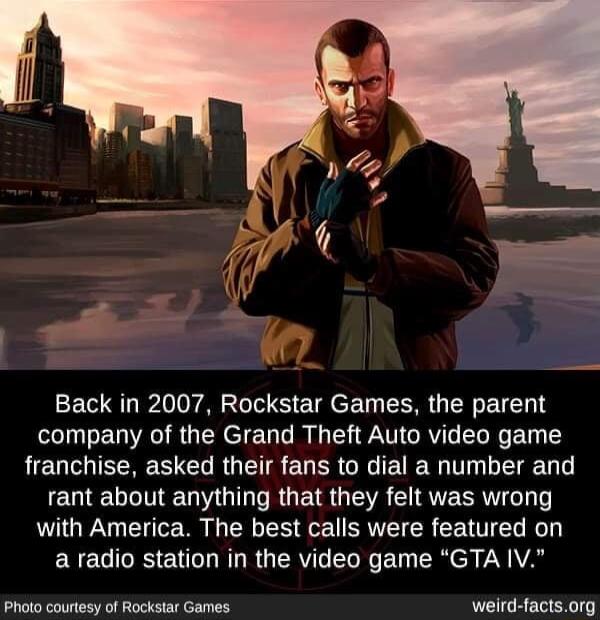 Back in 2007 Rockstar Games the parent company of the Grand Theft Auto video game LEUIENER CL R G ETR EU R G EUER TN L E RG EIELL NG RGERGEE ISR with America The best calls were featured on ERCCIEEN LG RGERY LG ED ey PN AS Photo courtesy of Rocksiar Games weird factsorg