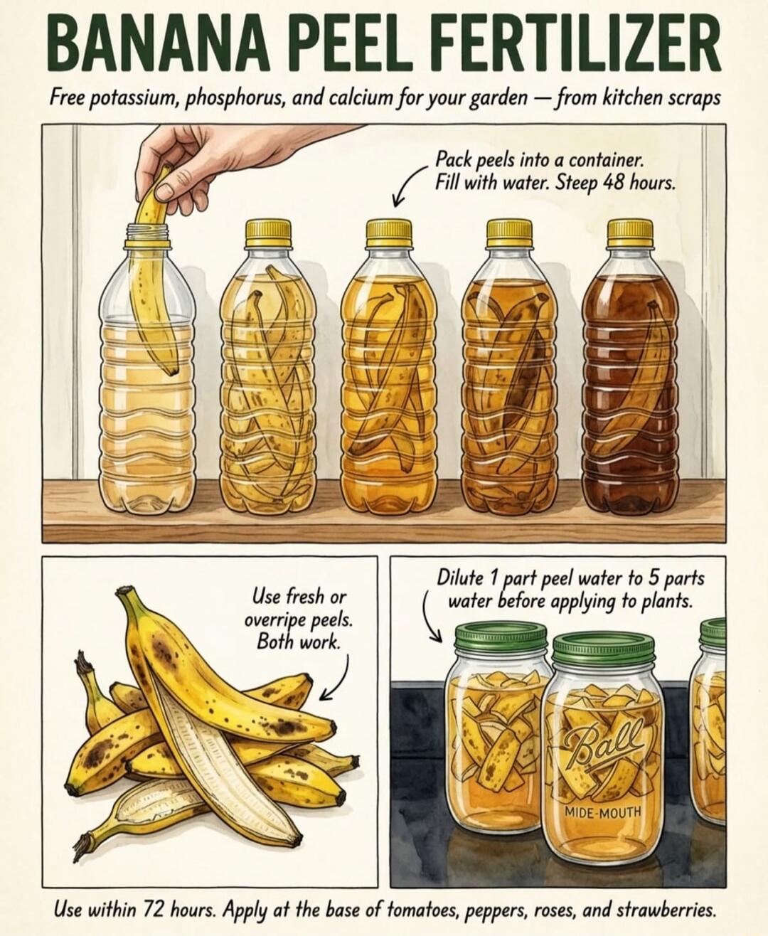 BANANA PEEL FERTILIZER. Free potassium, phosphorus, and calcium for your garden — from kitchen scraps. Pack peels into a container. Fill with water. Steep 48 hours. Use fresh or overripe peels. Both work. Dilute 1 part peel water to 5 parts water before applying to plants. Use within 72 hours. Apply at the base of tomatoes, peppers, roses, and stra