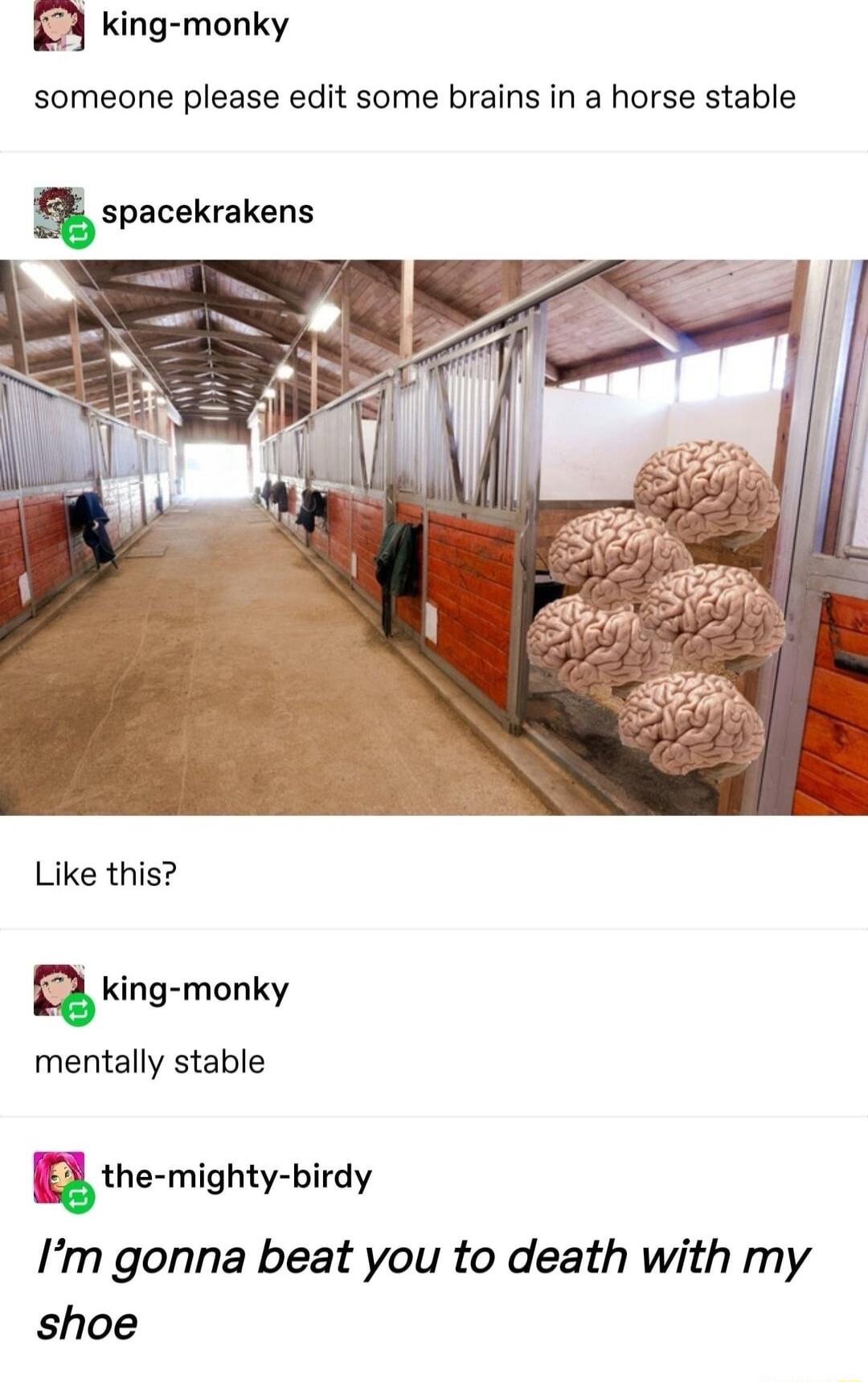 9 king monky someone please edit some brains in a horse stable Like this Q king monky mentally stable Ethe mighty birdy Im gonna beat you to death with my shoe