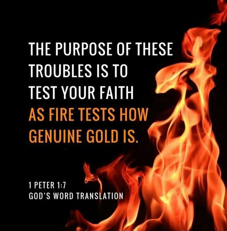 THE PURPOSE OF THESE TROUBLES IS TO TEST YOUR FAITH AS FIRE TESTS HOW GENUINE GOLD IS. 1 PETER 1:7 GOD'S WORD TRANSLATION