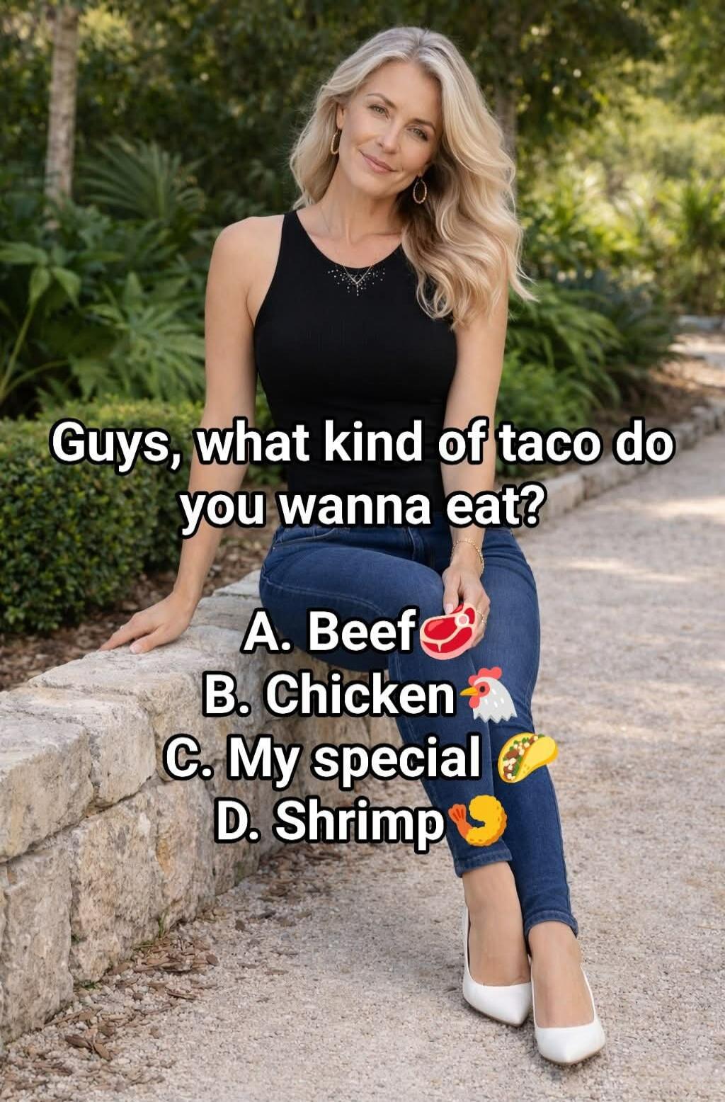 Guys, what kind of taco do you wanna eat? A. Beef 🥩 B. Chicken 🐔 C. My special 🌮 D. Shrimp 🍤