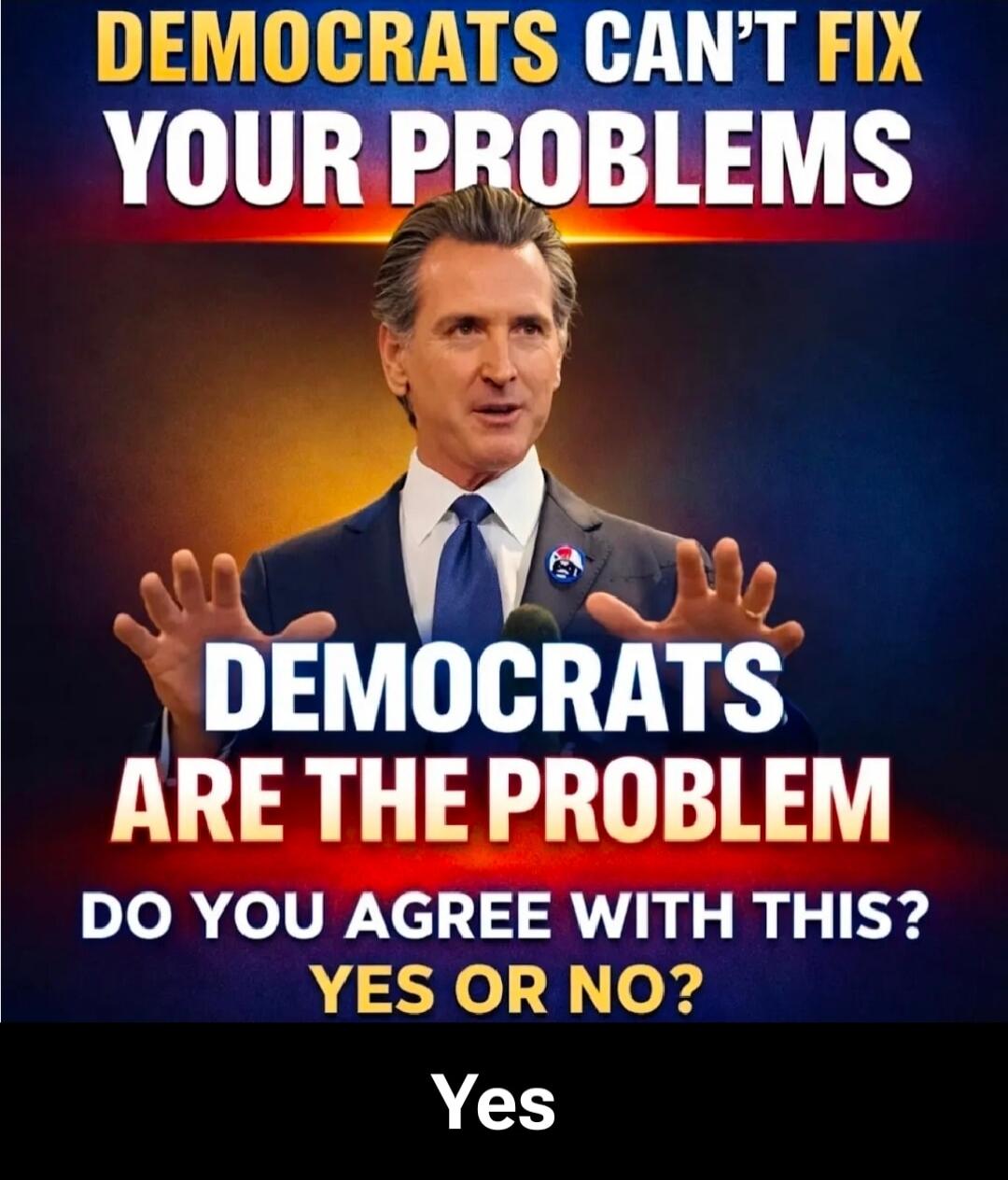 DEMOCRATS CAN'T FIX YOUR PROBLEMS DEMOCRATS ARE THE PROBLEM DO YOU AGREE WITH THIS? YES OR NO? Yes