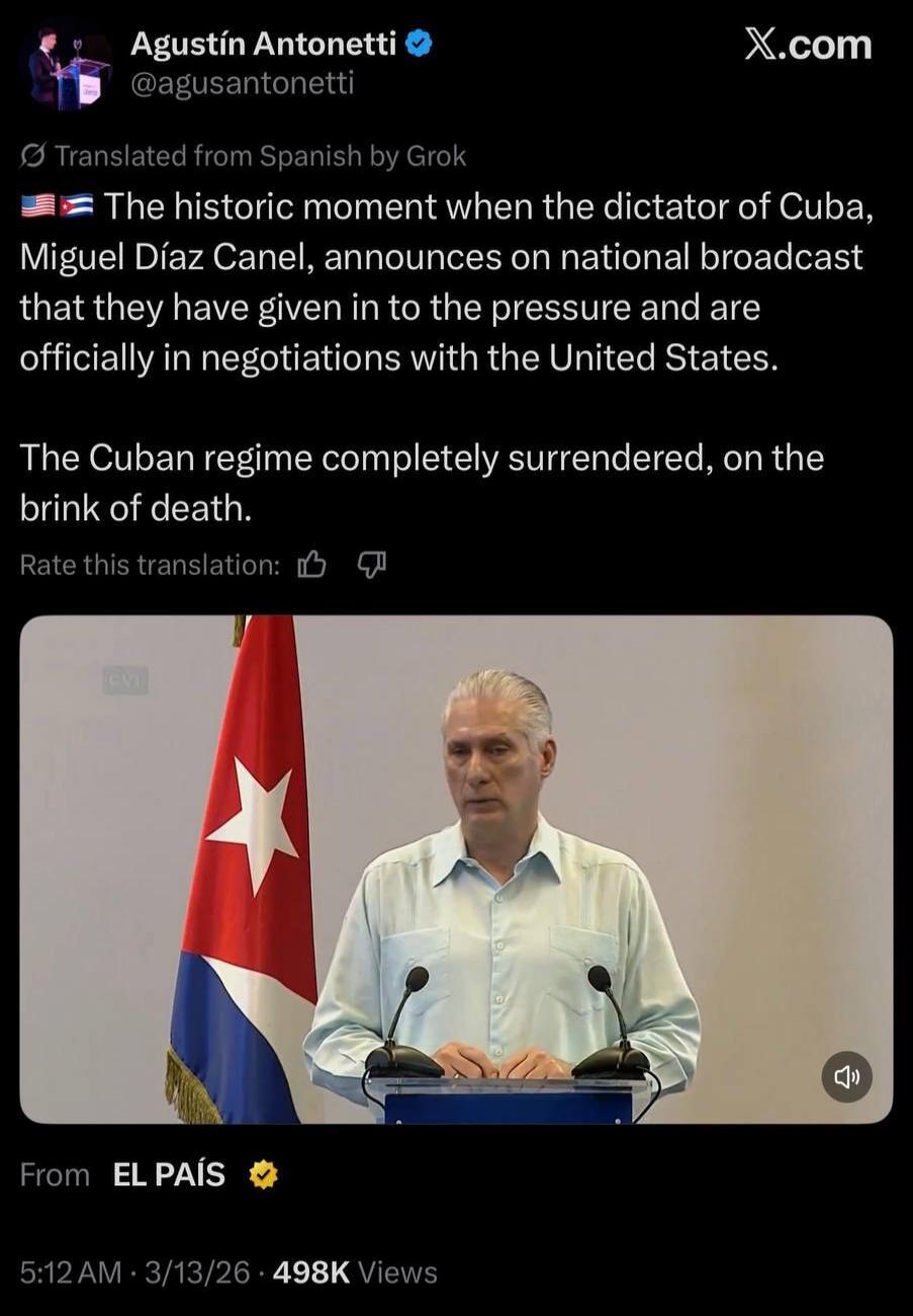 The historic moment when the dictator of Cuba, Miguel Díaz Canel, announces on national broadcast that they have given in to the pressure and are officially in negotiations with the United States. The Cuban regime completely surrendered, on the brink of death.