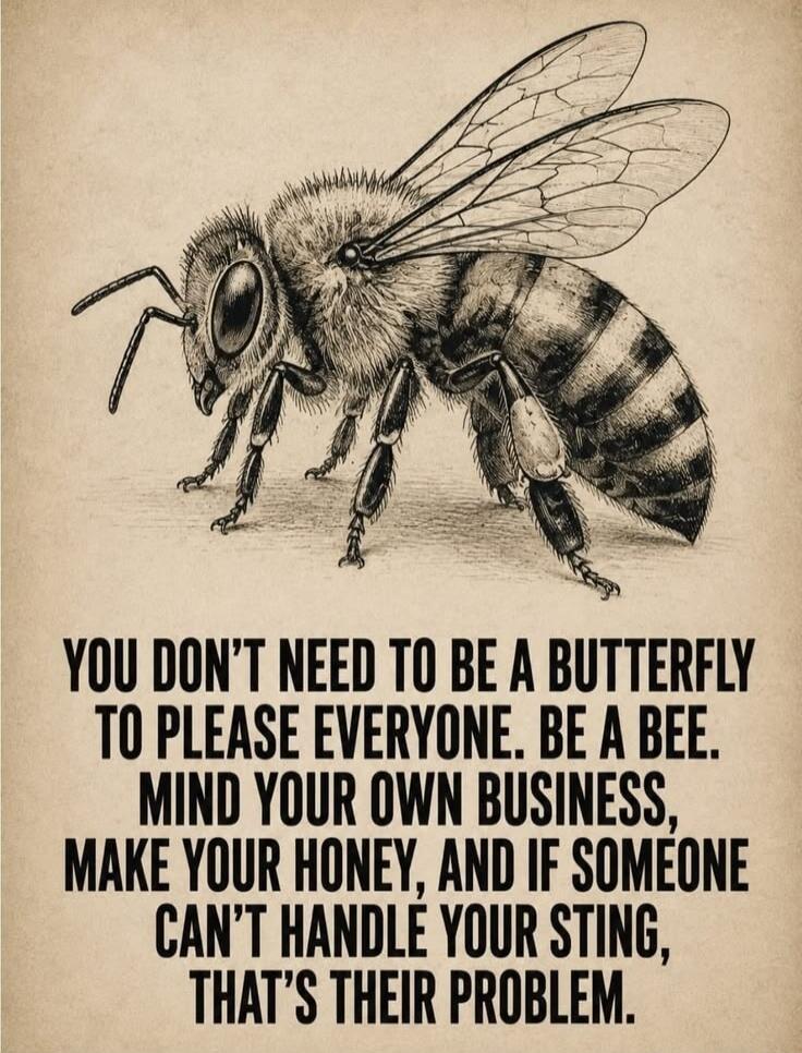 YOU DON'T NEED TO BE A BUTTERFLY TO PLEASE EVERYONE. BE A BEE. MIND YOUR OWN BUSINESS, MAKE YOUR HONEY, AND IF SOMEONE CAN'T HANDLE YOUR STING, THAT'S THEIR PROBLEM.