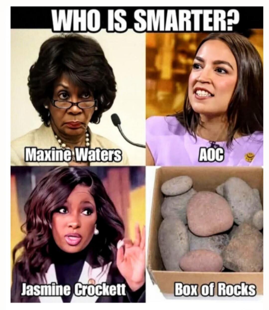 Who is smarter? Maxine Waters   AOC   Jasmine Crockett   Box of Rocks