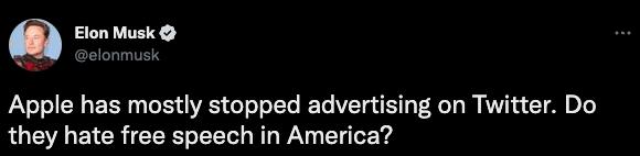 Elon Musk 0 Apple has mostly stopped advertising on Twitter Do they hate free speech in America